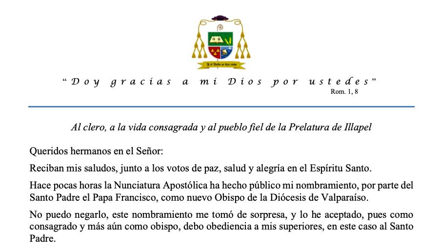 Obispo Jorge Vega envía mensaje de despedida al Pueblo de Dios en Illapel